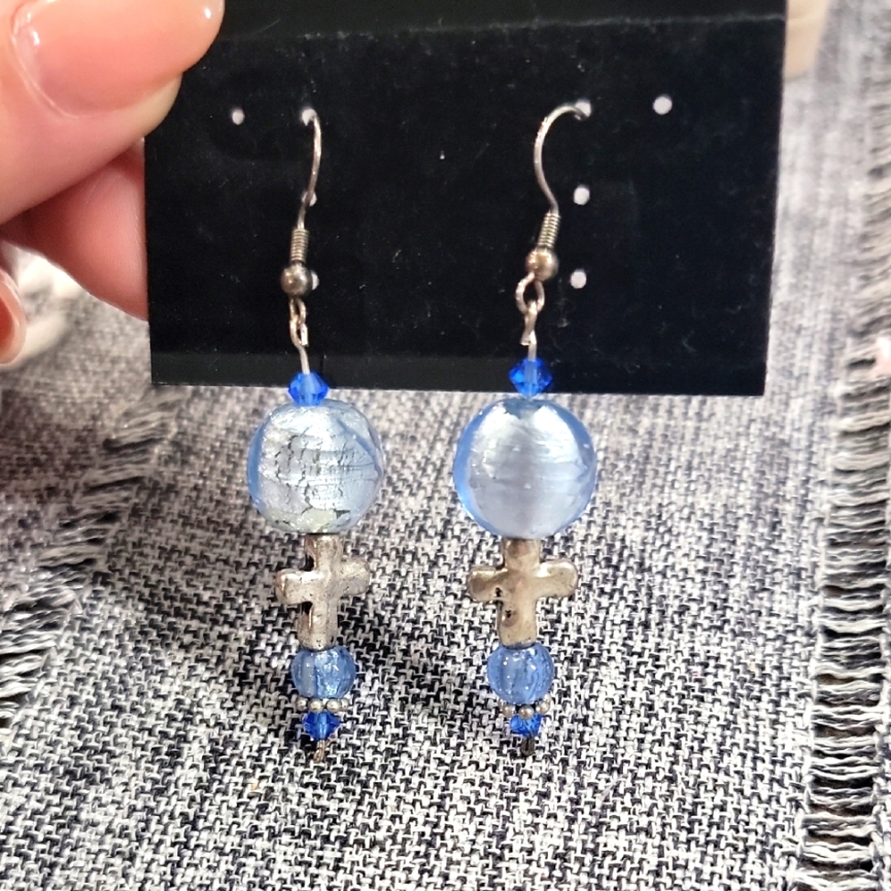 Murano GLASS Elegant Blue and Silver Cross Earrings